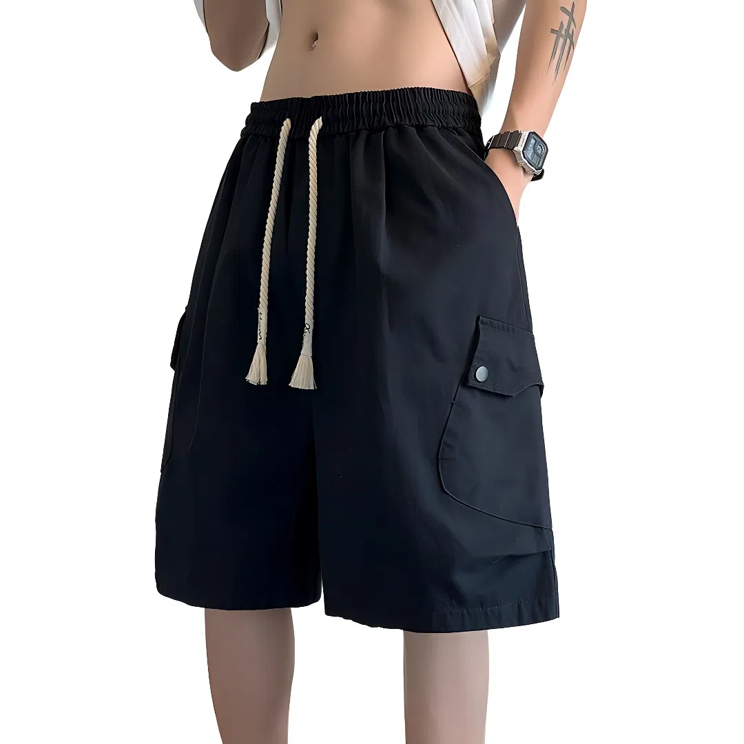 顶峰保罗 美式纯棉机能潮牌宽松百搭简约五分裤薄款透气无性别主义松紧腰直筒运动多口袋工装痞帅休闲短裤 男女同款