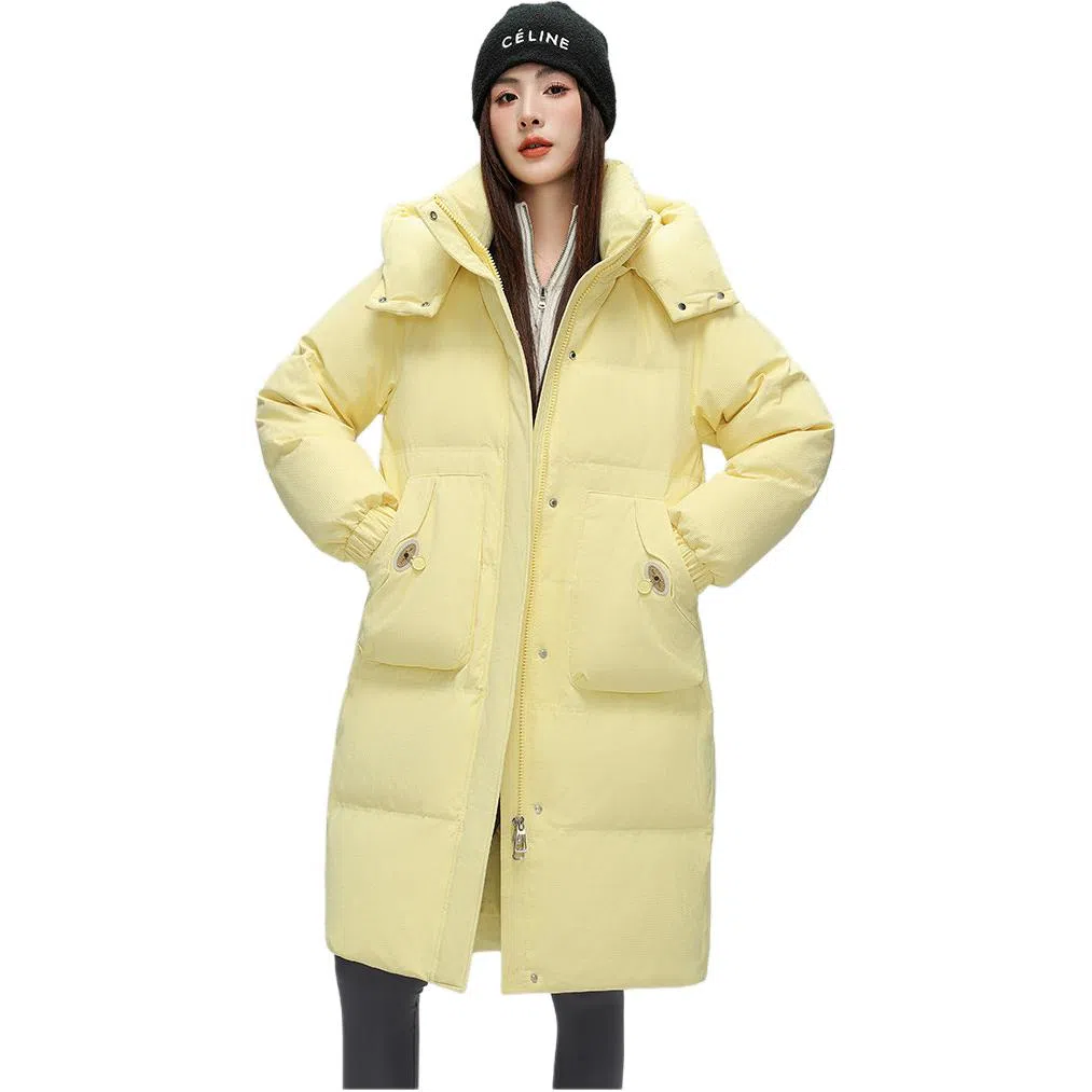 鸭鸭 纯色连帽口袋中长款长袖羽绒服 女款