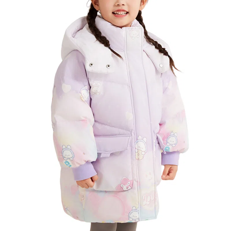 鸭鸭 连帽拉链中长款厚款保暖防风鸭绒卡通动漫羽绒服 中小童