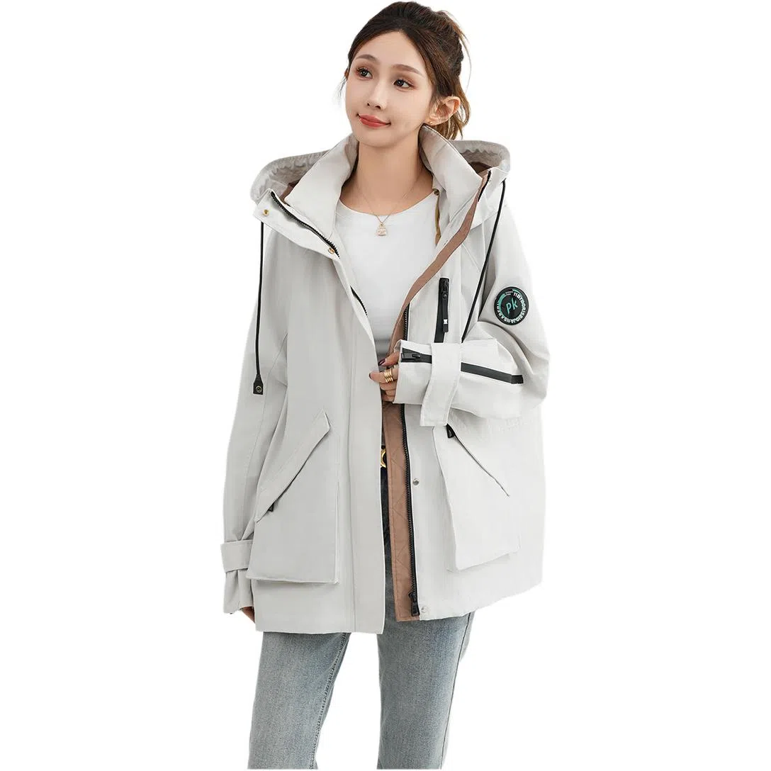 鸭鸭 纯色连帽中长款宽松夹克外套 女款