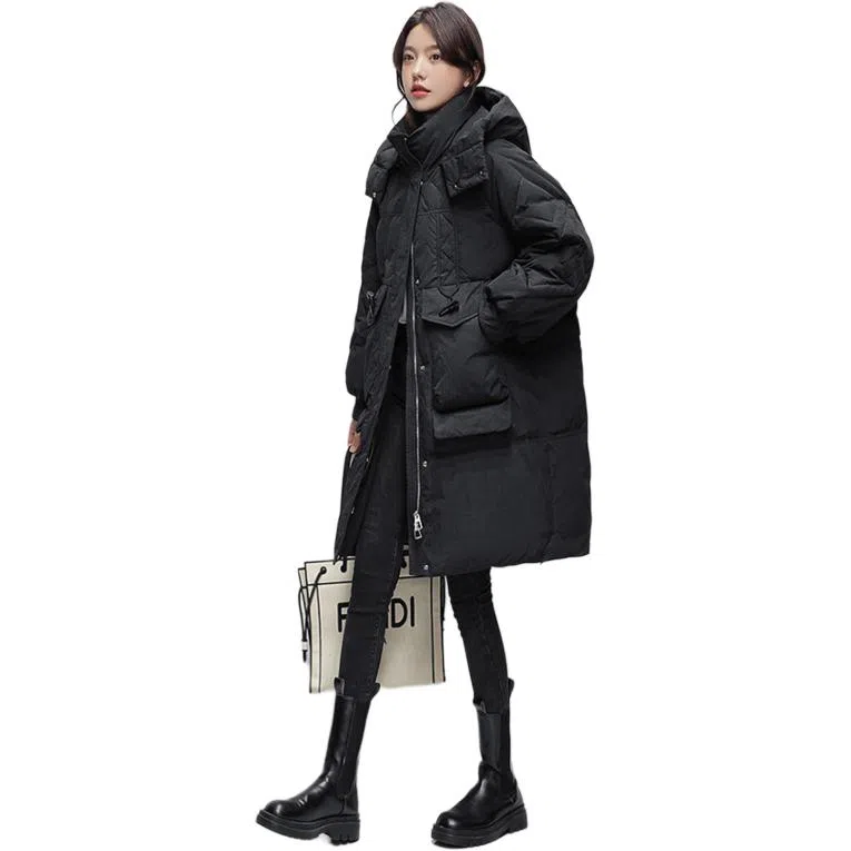 鸭鸭 纯色口袋连帽宽松中长款羽绒服 女款