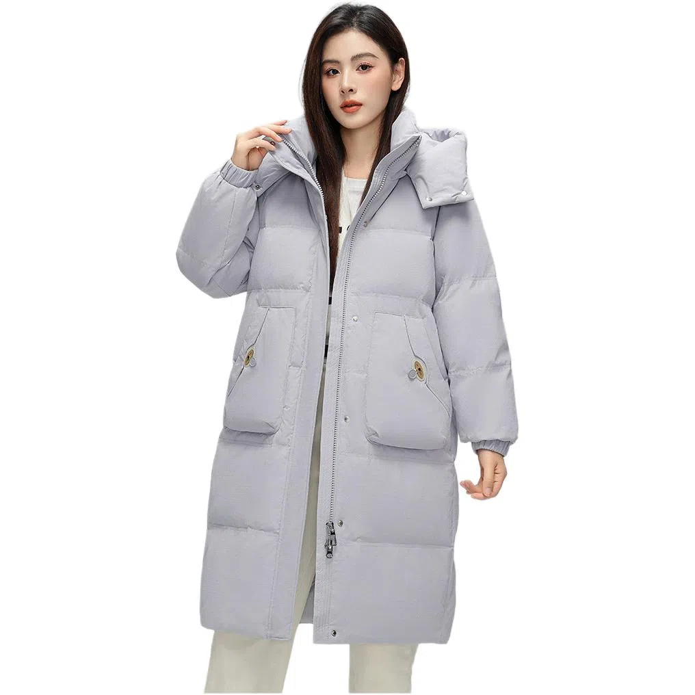 鸭鸭 纯色连帽口袋中长款长袖羽绒服 女款