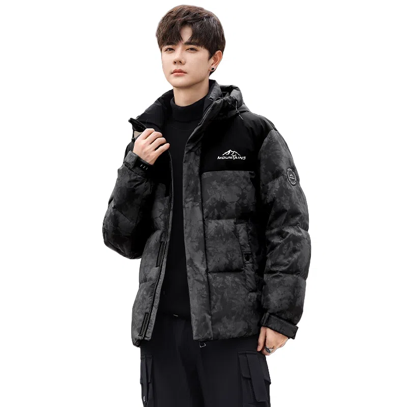 鸭鸭 青年时尚韩版潮流短款连帽户外运动休闲百搭防寒保暖迷彩面包羽绒服 男女同款