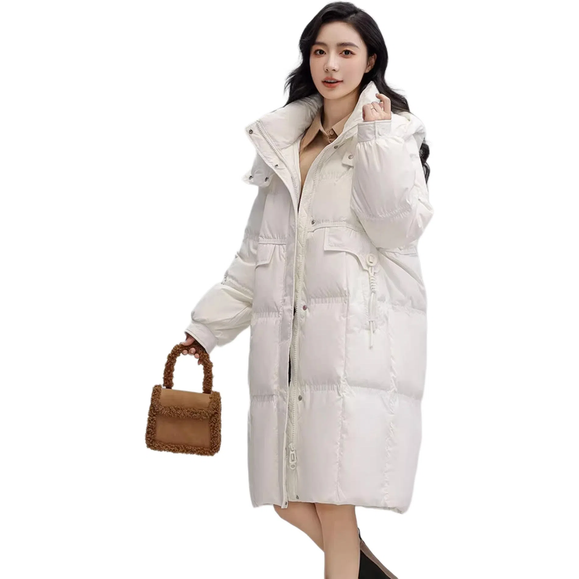 鸭鸭 纯色连帽口袋中长款休闲长袖羽绒服 女款