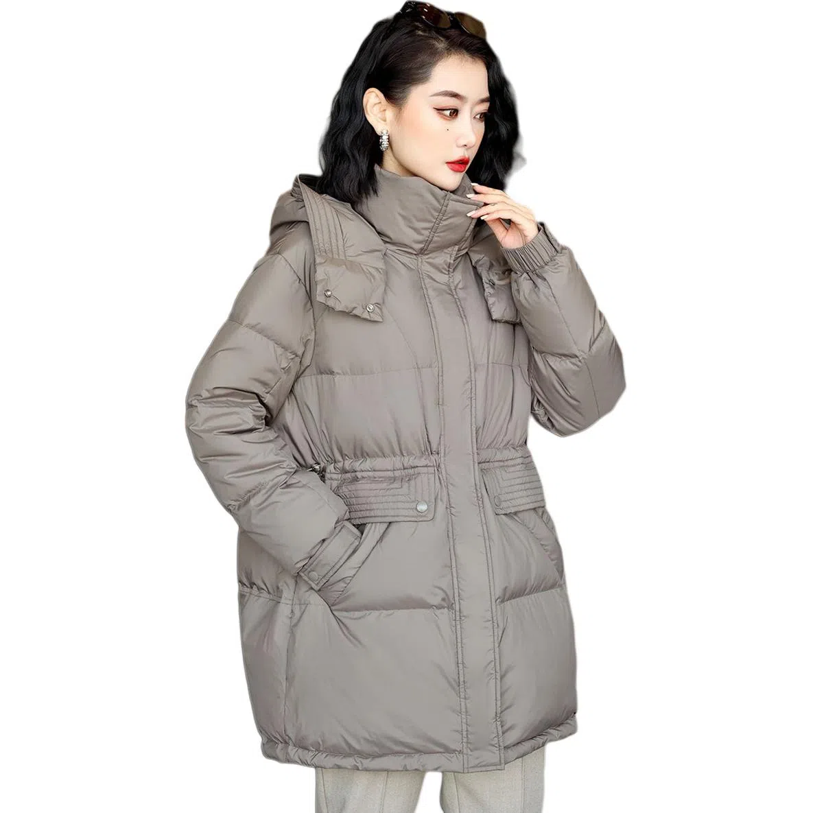 鸭鸭 纯色连帽中长款宽松羽绒服 女款