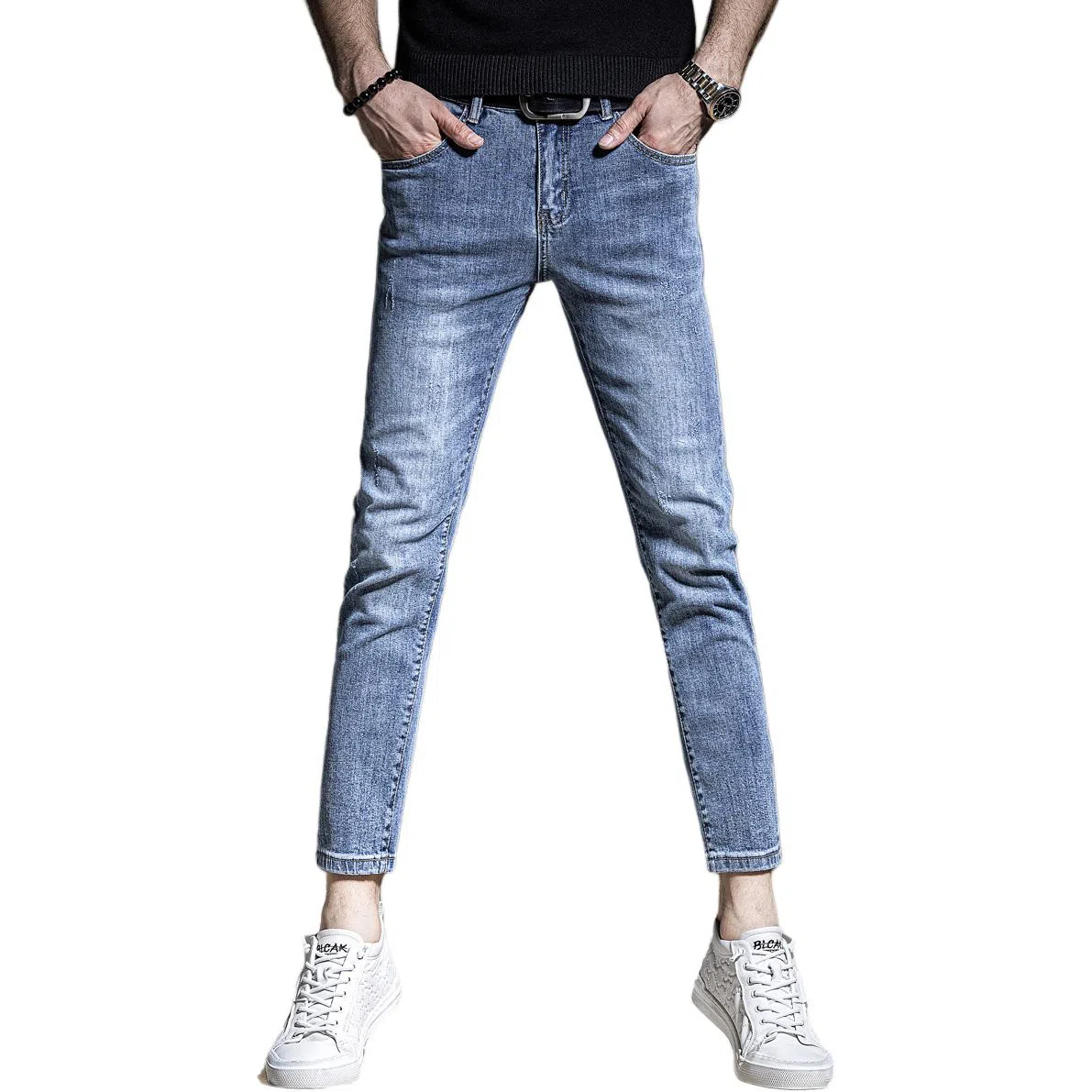 贵色 春季 水洗做旧直筒休闲帅气个性弹力韩版潮流长裤子学生党轻奢束脚牛仔裤 男女同款