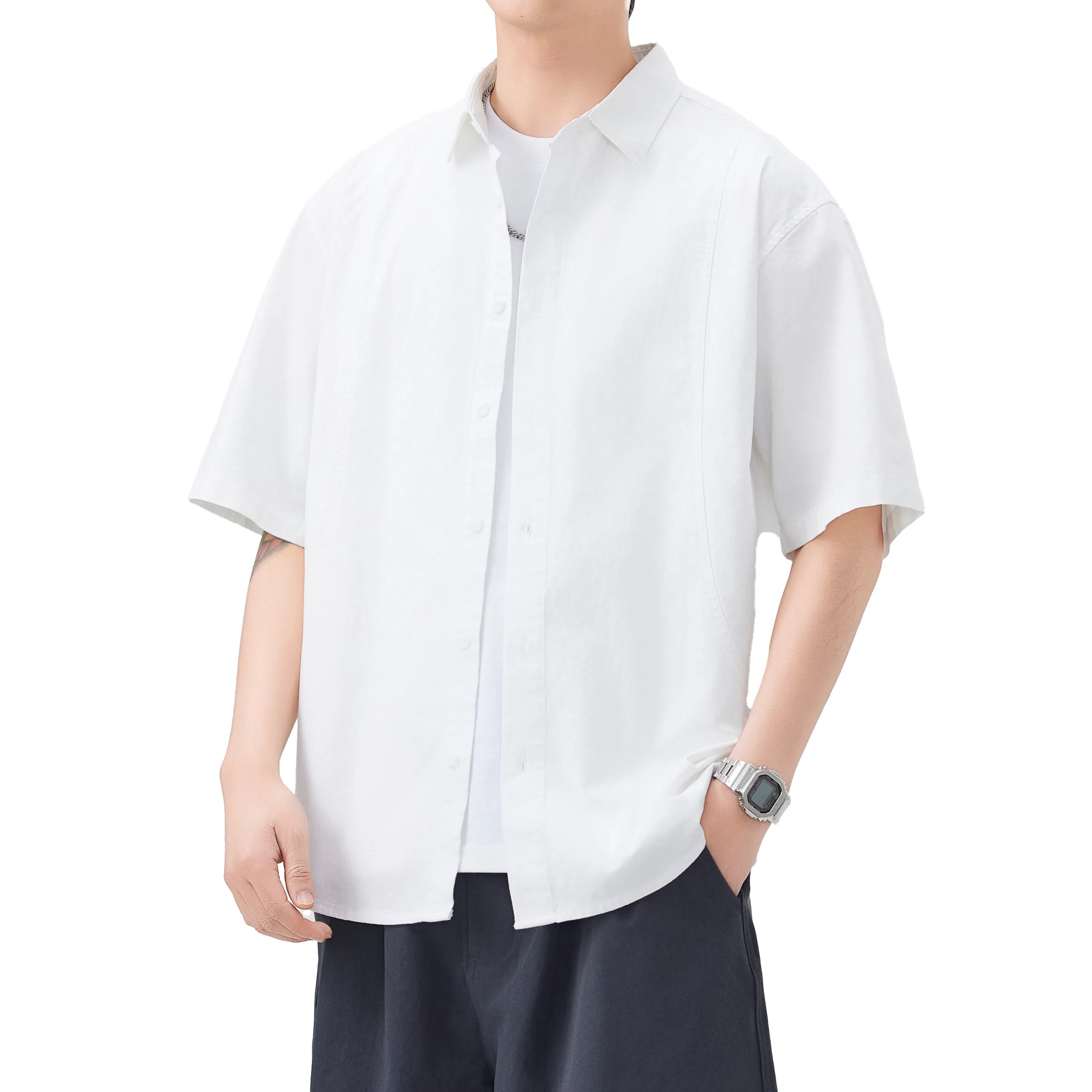 帝狼牛 美式高街基础款纯色简约垂感百搭休闲宽松通勤薄款短袖衬衫 男女同款