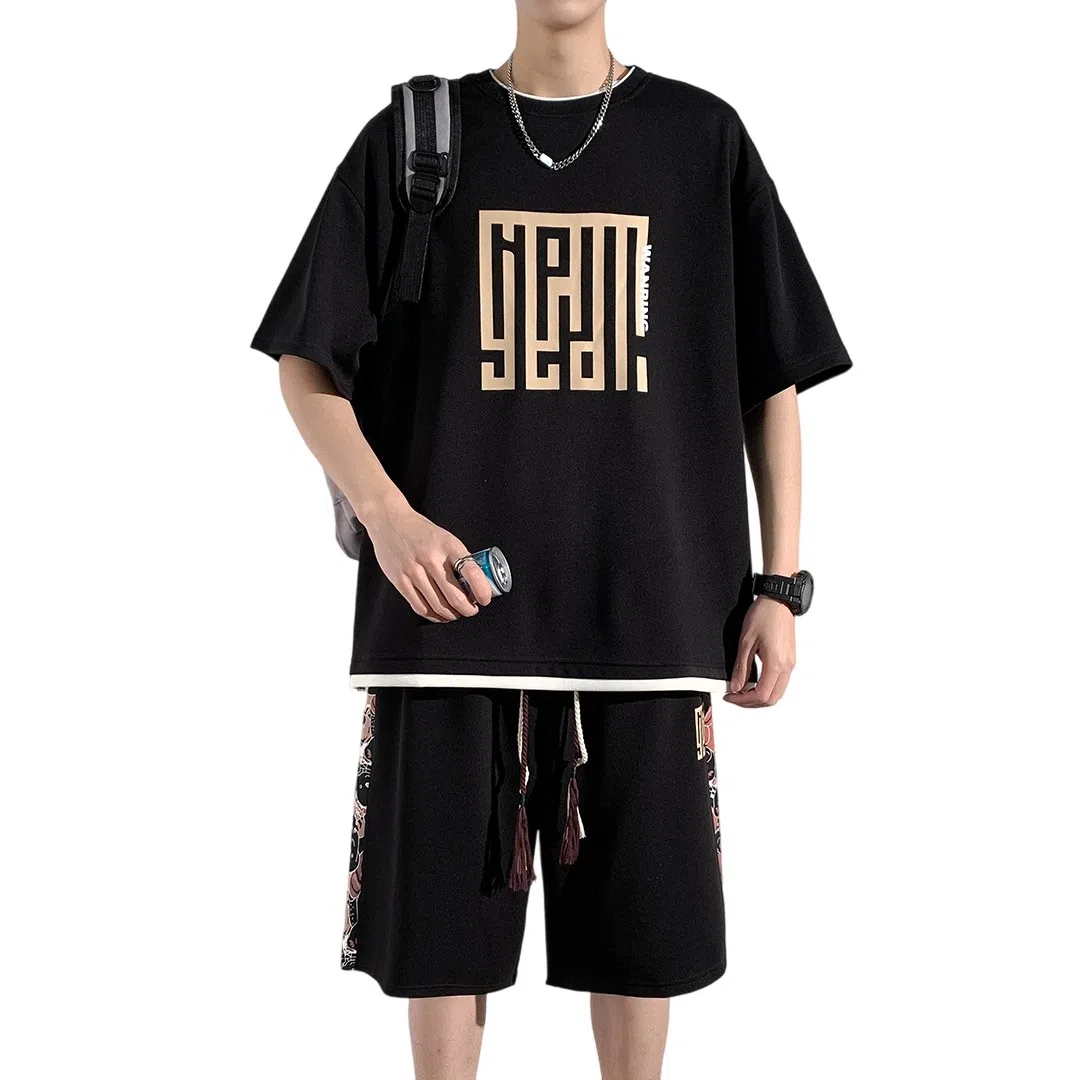 顶峰保罗 新中式国潮冰丝健身篮球圆领短袖短裤一整套无性别主义弹力松紧腰显高宽松加肥加大舒适百搭休闲运动套装 男女同款