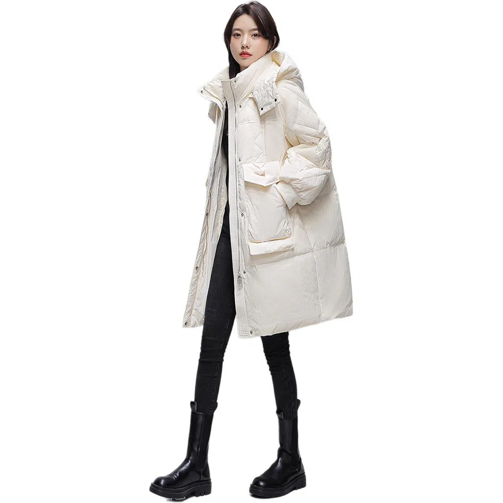 鸭鸭 纯色口袋连帽宽松中长款羽绒服 女款