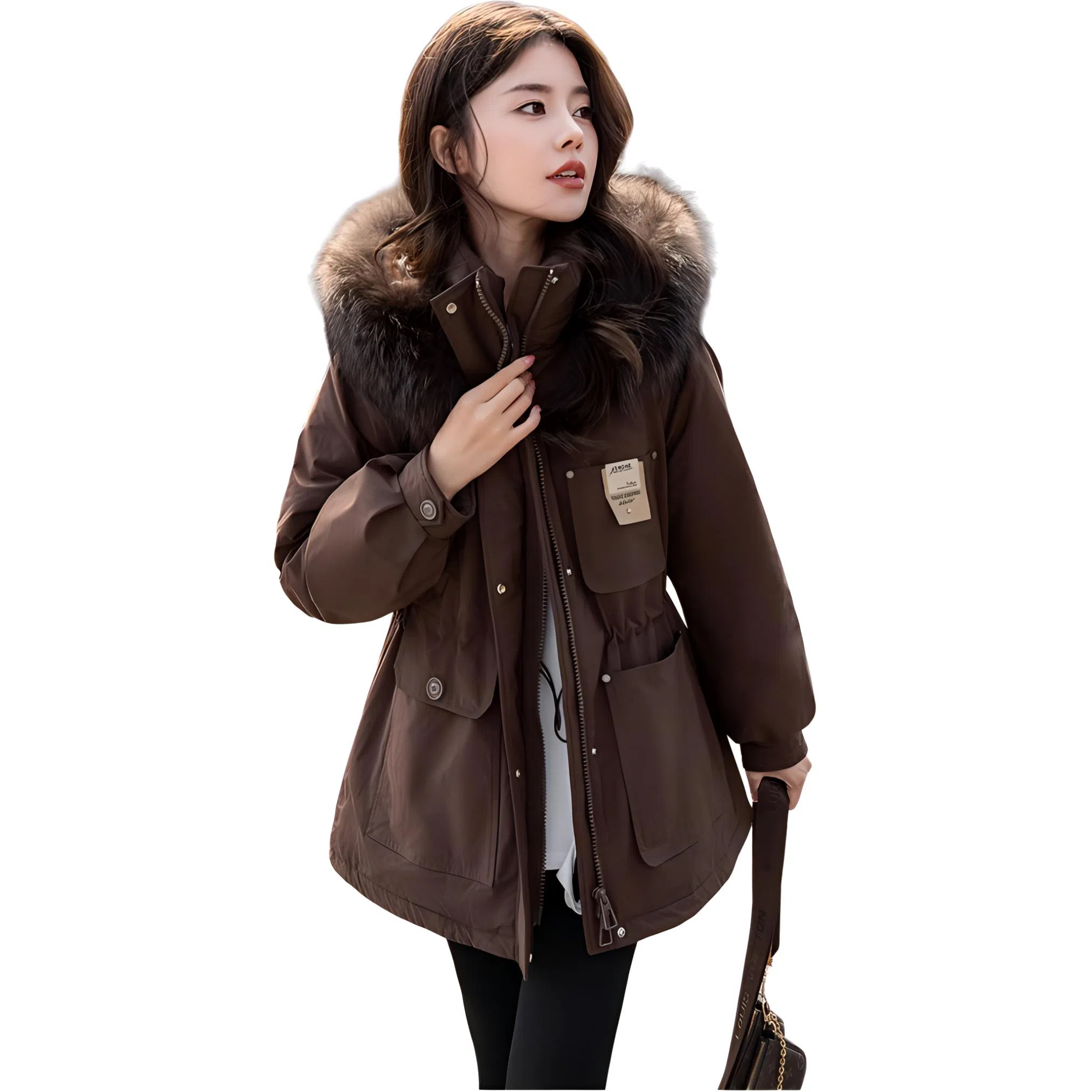 鸭鸭 小香风百搭连帽保暖中长款长袖羽绒服 女款