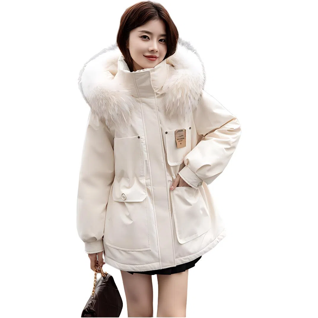 鸭鸭 小香风百搭连帽保暖中长款长袖羽绒服 女款