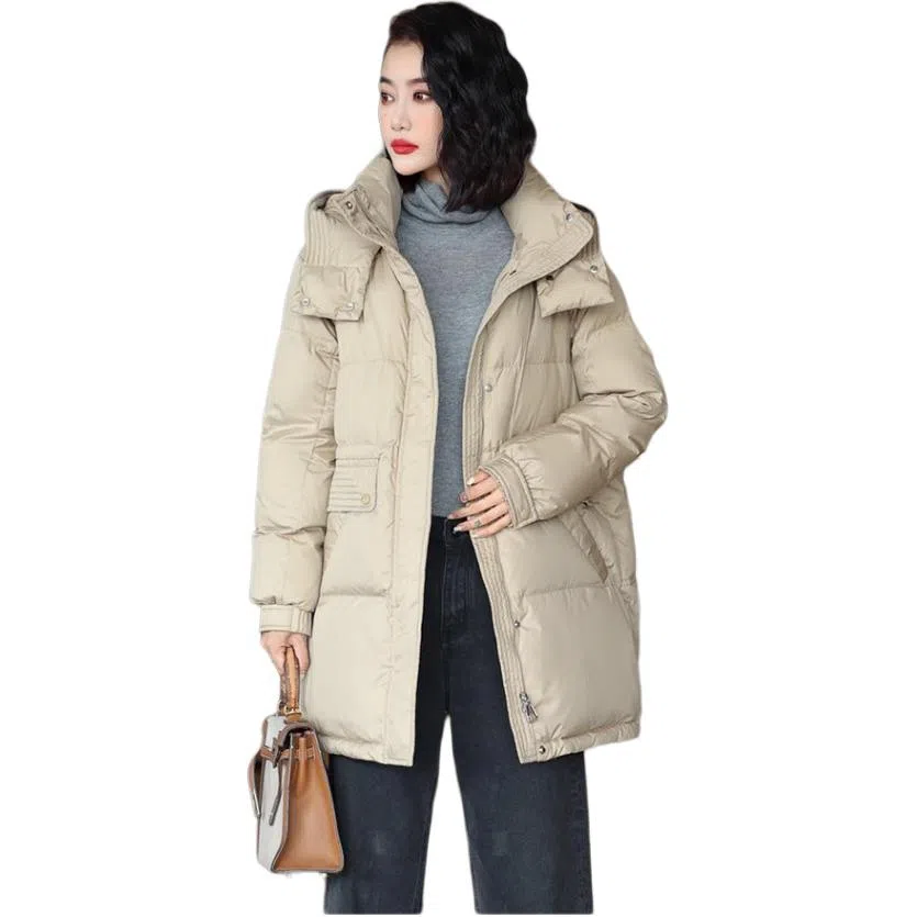 鸭鸭 纯色连帽中长款宽松羽绒服 女款