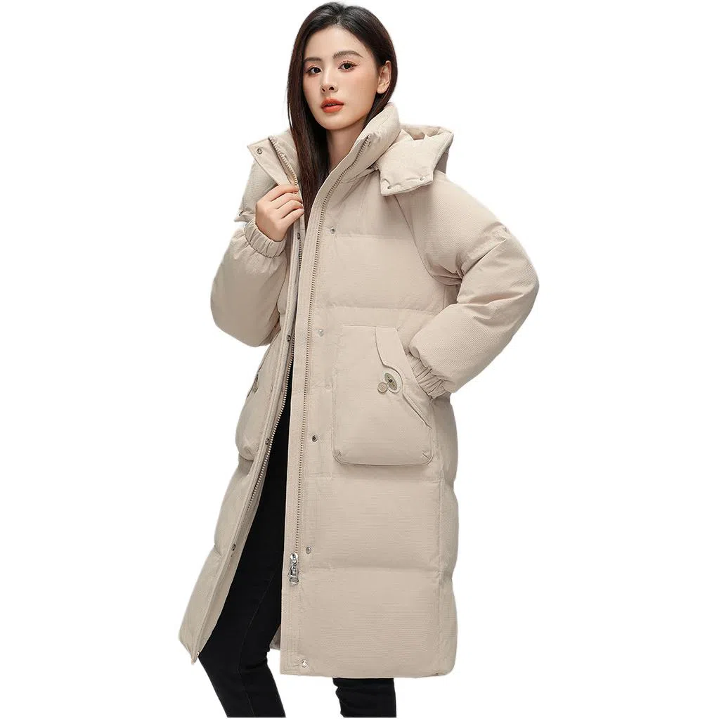 鸭鸭 纯色连帽口袋中长款长袖羽绒服 女款