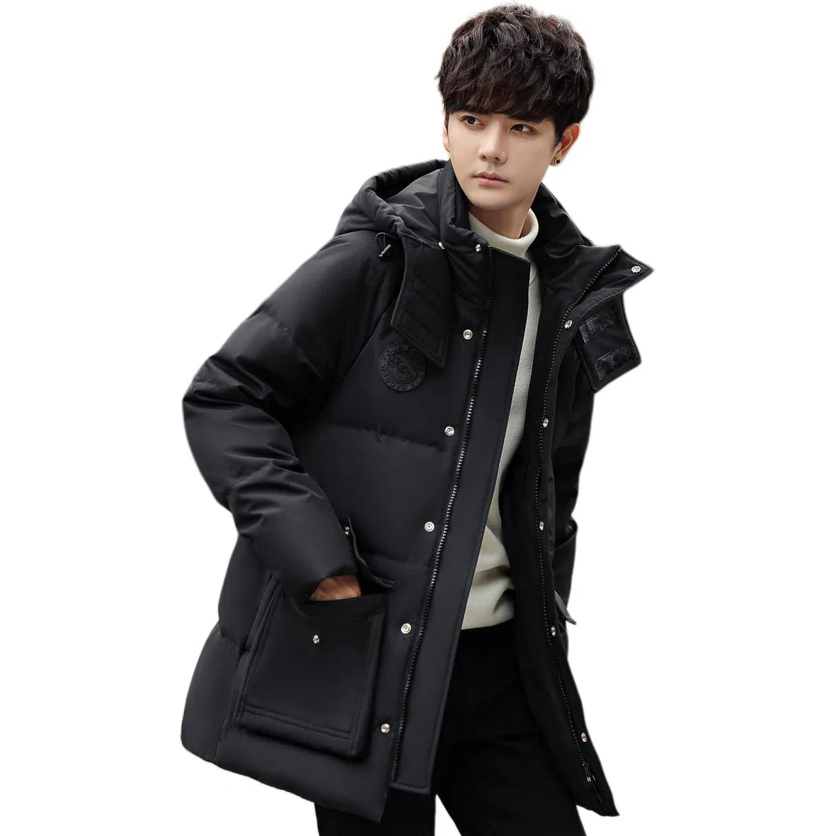 鸭鸭 短款纯色连帽拉链长袖羽绒服 男款