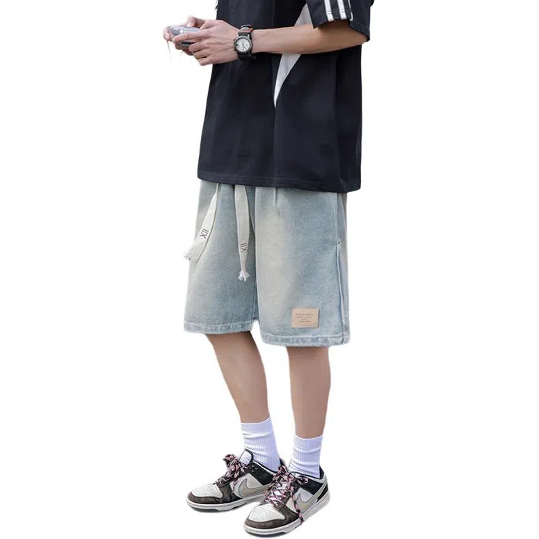 羽浅 工装五分裤水洗做旧直筒宽松抽绳复古牛仔短裤 男女同款