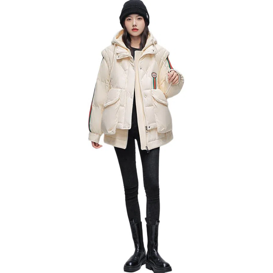 鸭鸭 条纹连帽拉链长袖羽绒服 女款