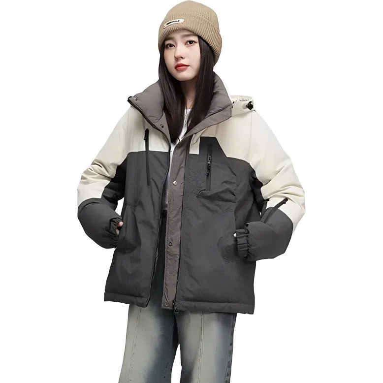 鸭鸭 时尚连帽简约拼色羽绒服 女款