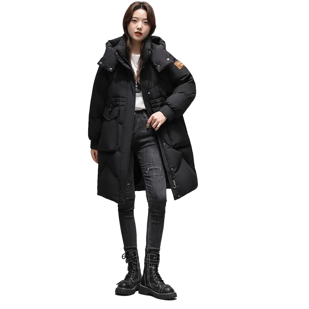 鸭鸭 加厚中长款抗寒保暖连帽羽绒服 女款