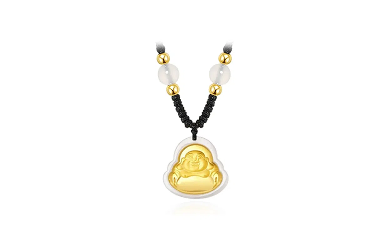 百利金 金镶玉 精致个性大气小众设计感 国潮新中式复古弥勒佛观音转运锁骨链 足金 项链 男女同款情侣款