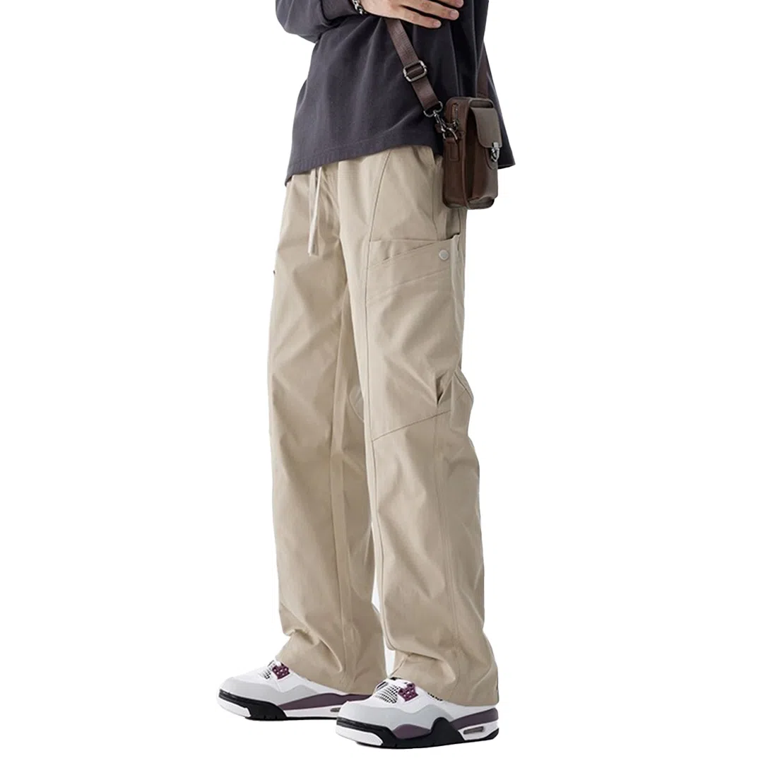 顶峰保罗 美式冰丝潮牌工装裤系带纯色无性别主义宽松中腰直筒百搭弹力显高阔腿垂感长裤休闲裤 男女同款