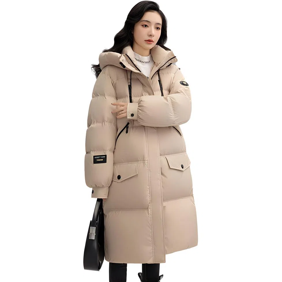 鸭鸭 纯色加厚连帽拉链中长宽松口袋休闲羽绒服 女款