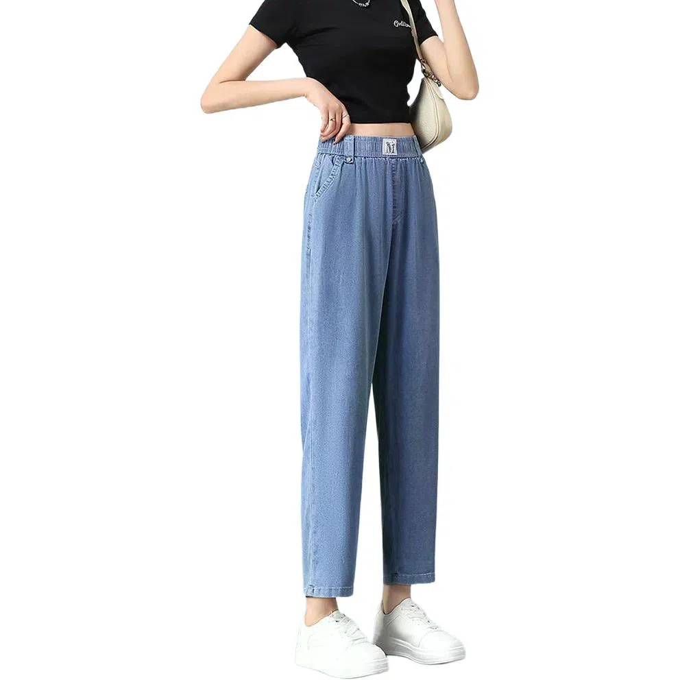 棉购 薄款小个子九分高腰显高牛仔裤 女款