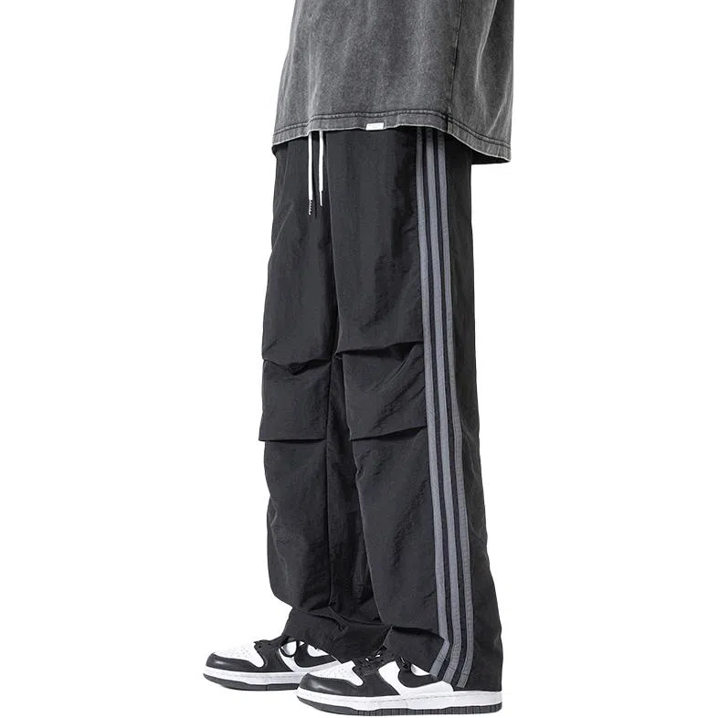 美式侧条纹织带褶皱宽松直筒运动降落伞兵休闲裤 男女同款