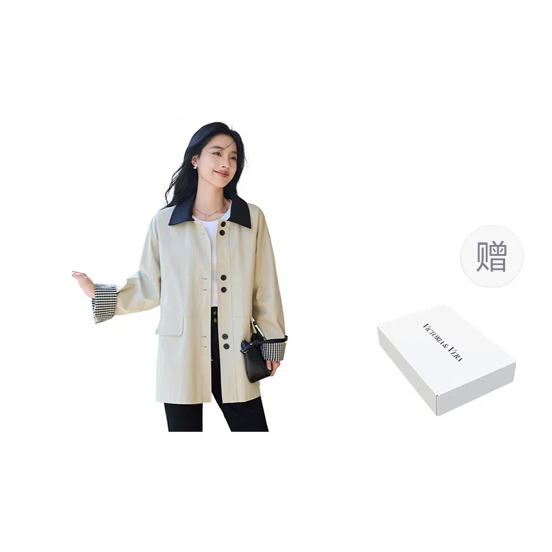 VICTORIA&VERA Spring Minimalist Plaid Trench Coat Beige