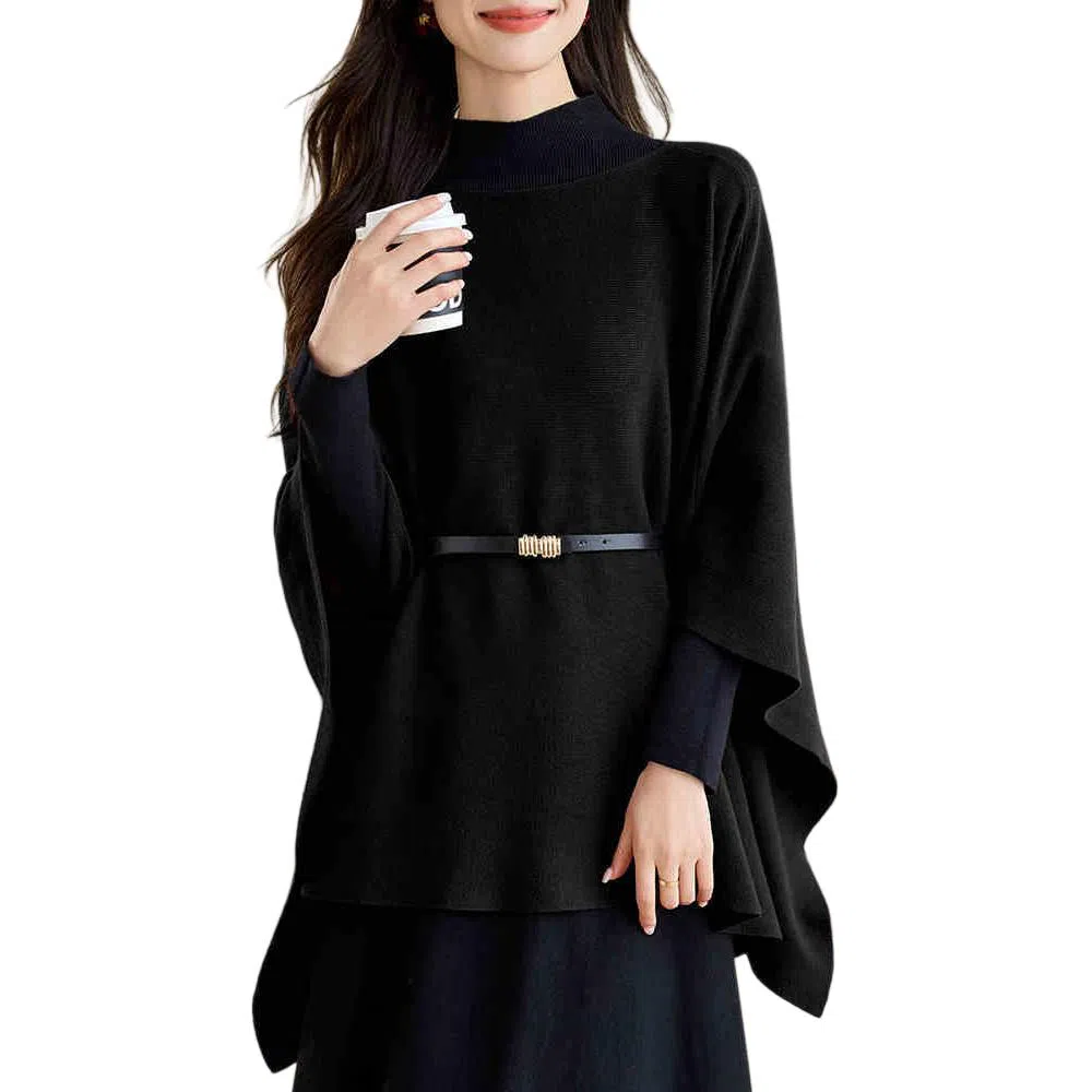 曲韩 纯色一字领舒适斗篷披风 女款