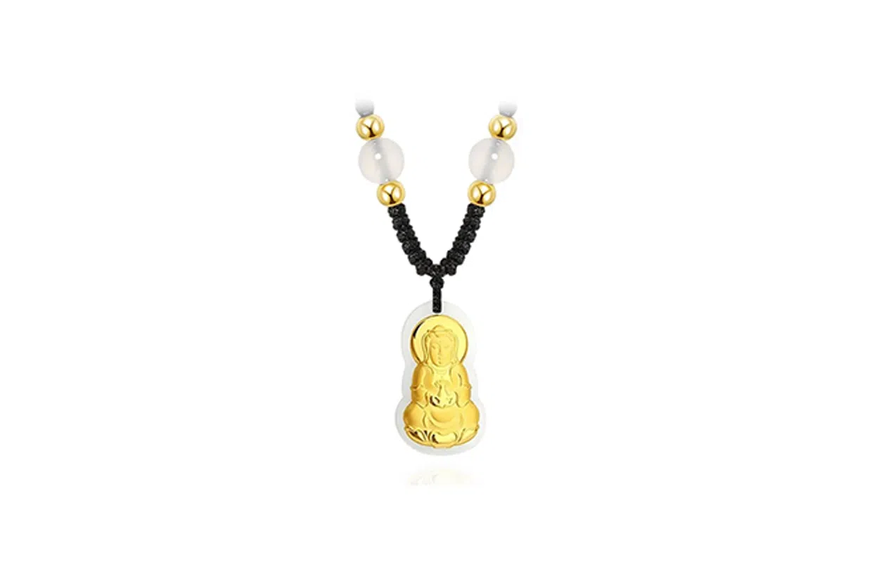 百利金 金镶玉 精致个性大气小众设计感 国潮新中式复古弥勒佛观音转运锁骨链 足金 项链 男女同款情侣款