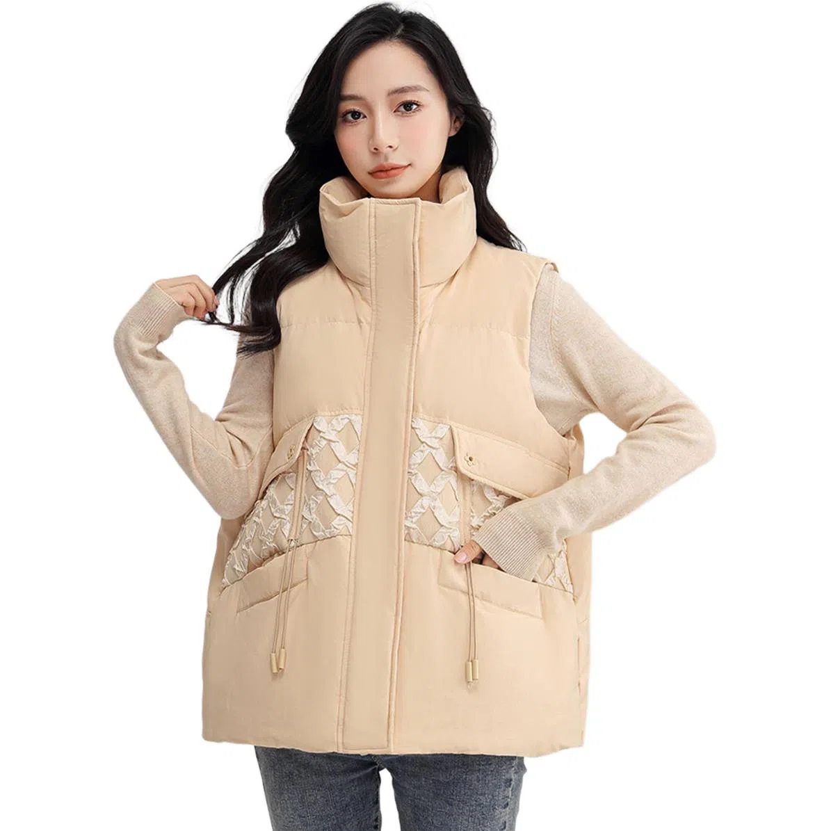 鸭鸭 纯色简约无袖立领羽绒服 女款 咖色