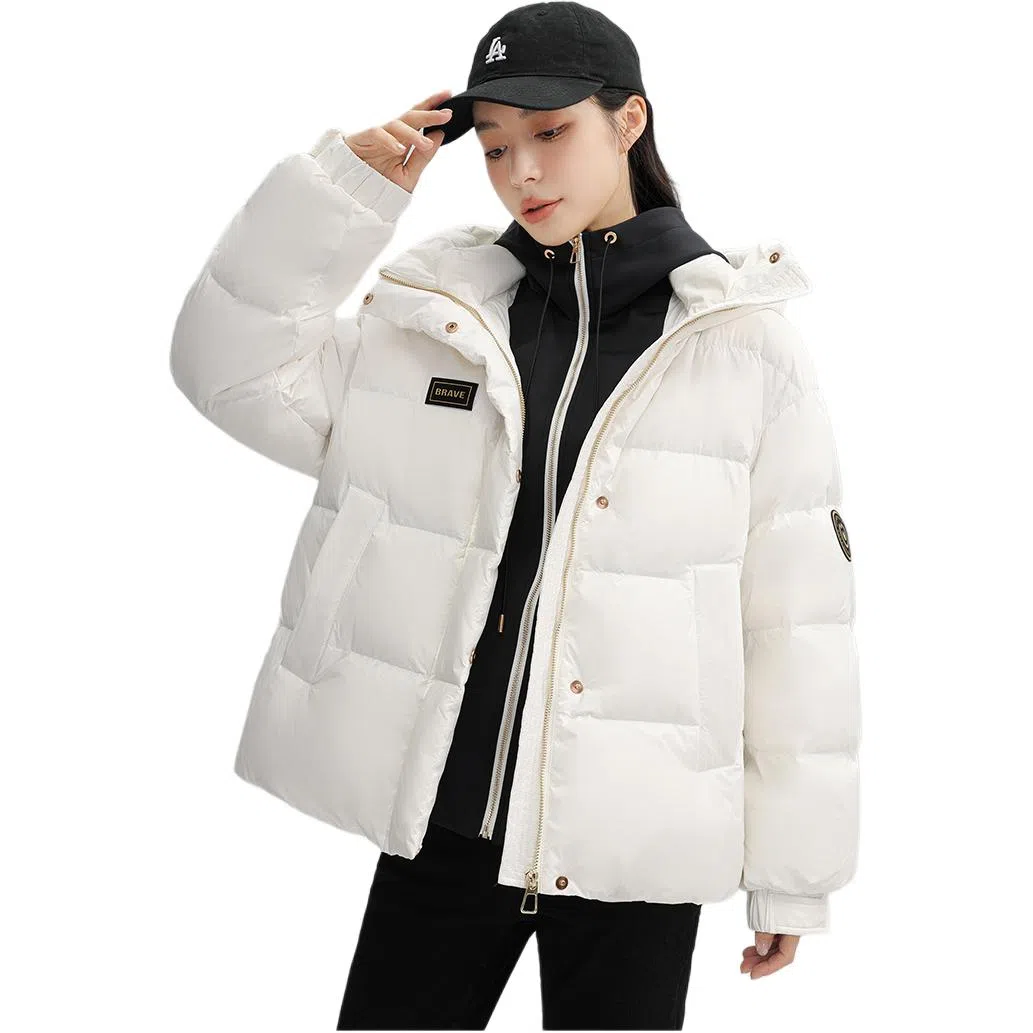 鸭鸭 纯色连帽简约拼接加厚羽绒服 女款 黑金