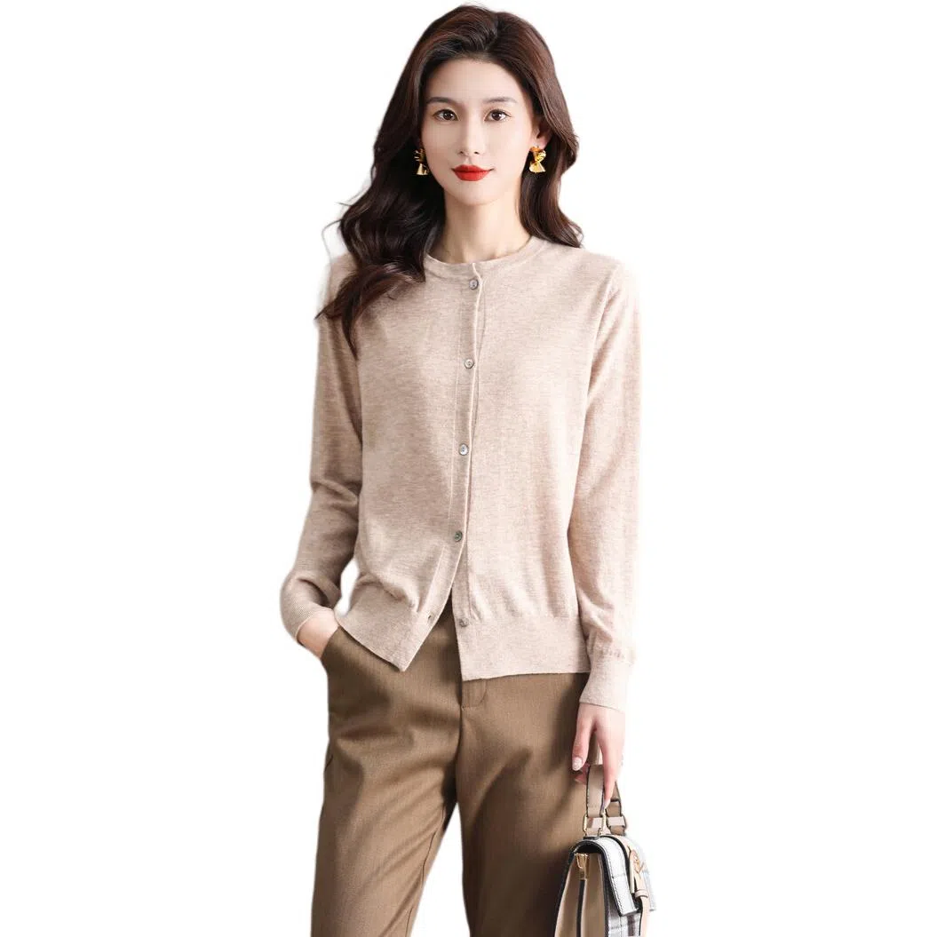 恒源祥 圆领时尚开衫通勤百搭纯色长袖针织衫 女款