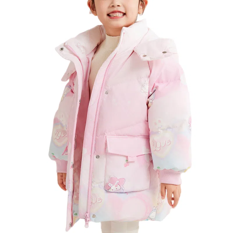 鸭鸭 连帽拉链中长款厚款保暖防风鸭绒卡通动漫羽绒服 中小童