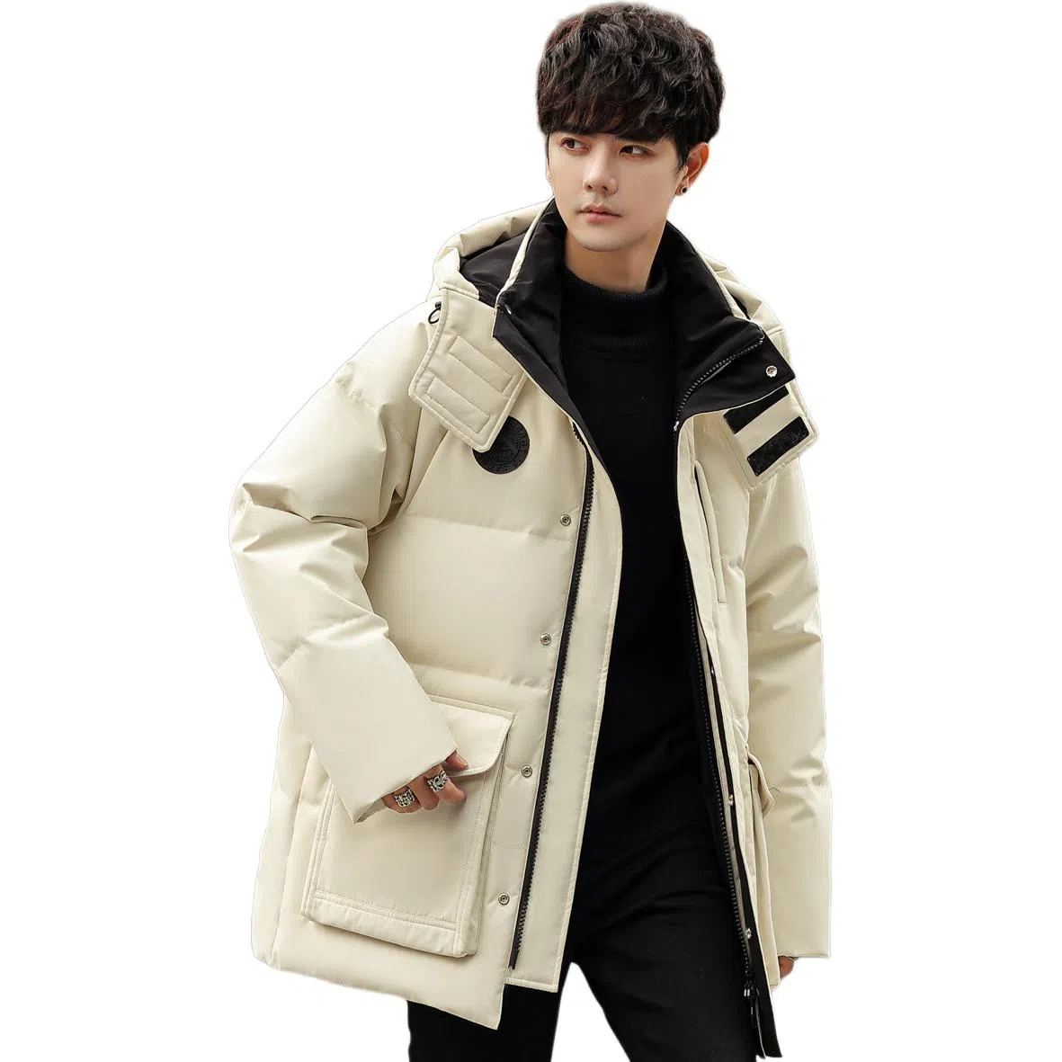 鸭鸭 短款纯色连帽拉链长袖羽绒服 男款