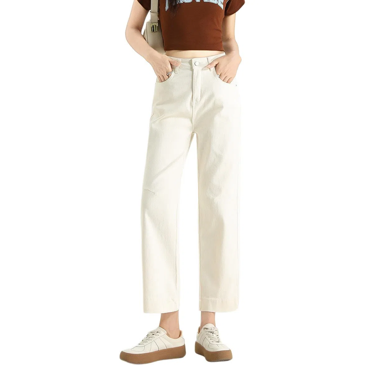 法文箱子 休闲高腰直筒纯色长裤牛仔裤 女款