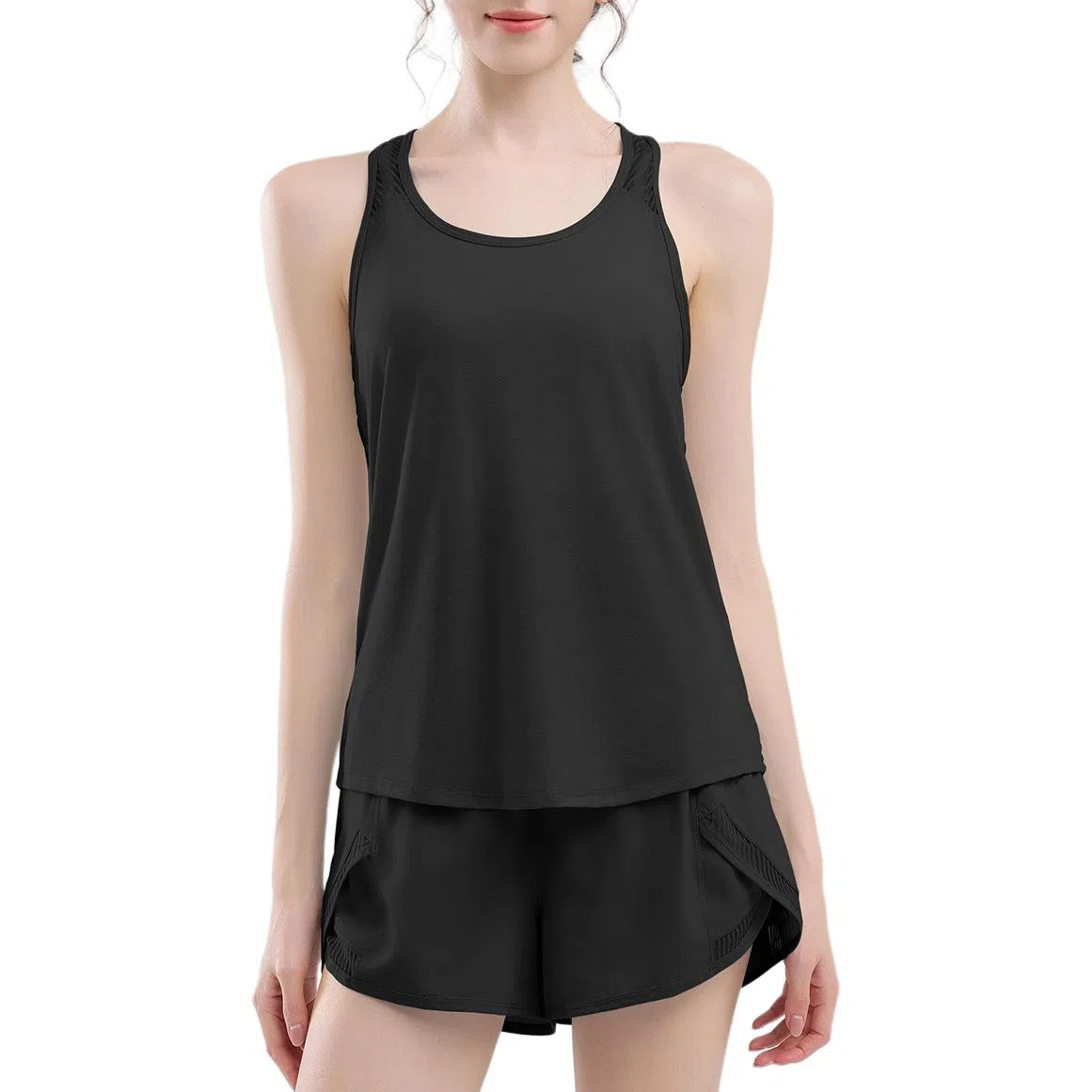 欧迪芬  跑步运动女夏季薄款时尚清爽轻盈修身塑形两件套显瘦防走光短裤速干背心瑜伽上衣罩衫晨跑服  健身套装  女款