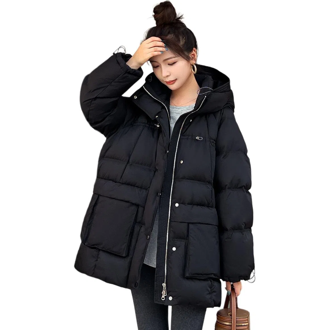 鸭鸭 连帽宽松中长款羽绒服 女款 黑色
