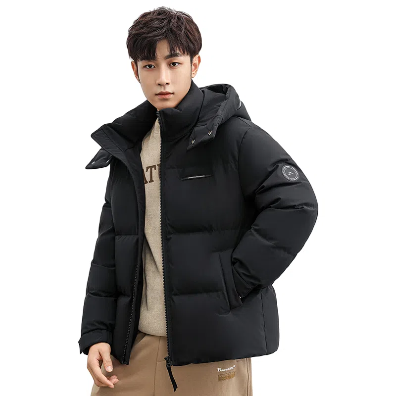 鸭鸭 青年时尚韩版休闲短款拆卸连帽外套纯色拼色户外加厚保暖面包羽绒服 通用 学生党好物