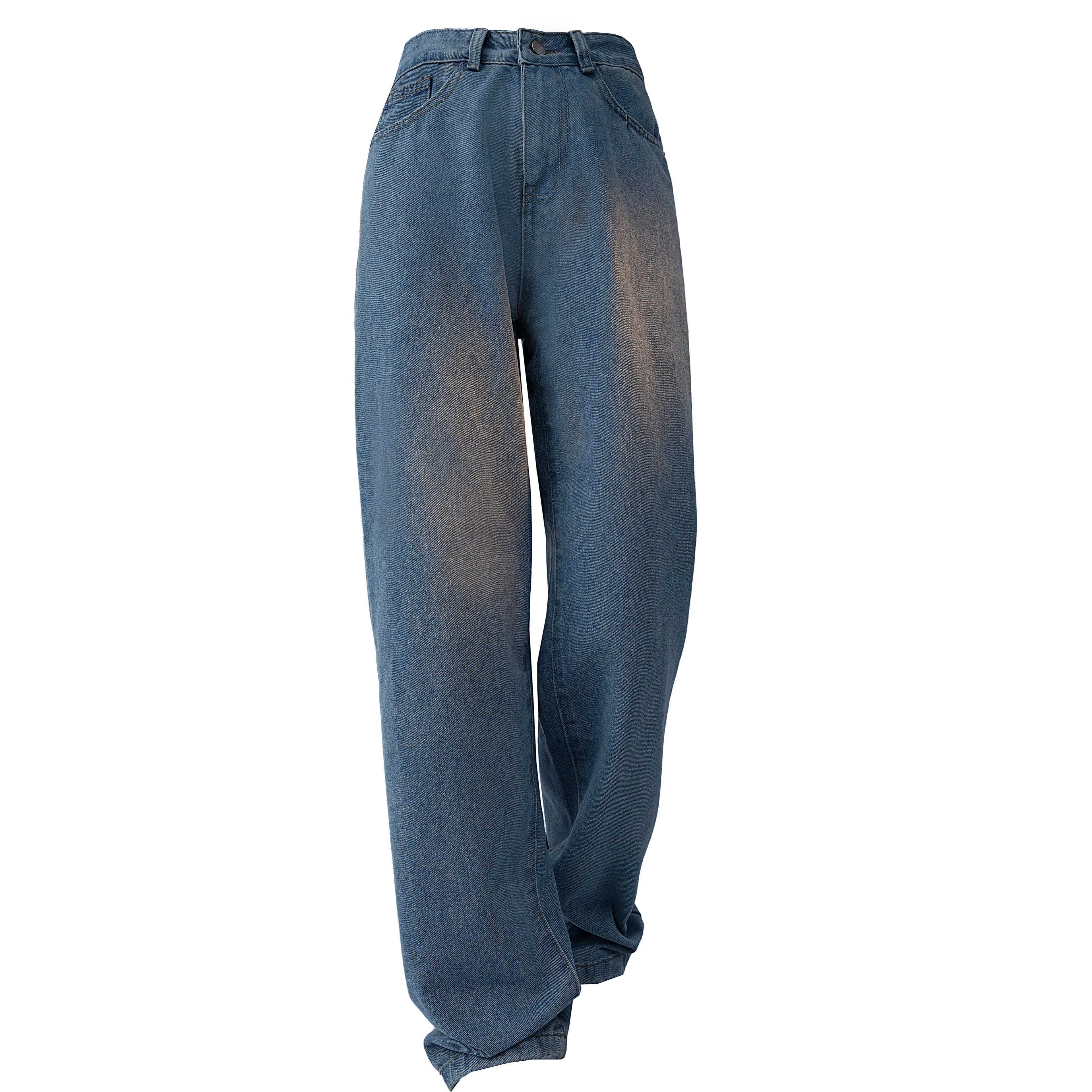 复古简约基础款做旧水洗宽松垂感直筒显瘦百搭牛仔裤 男女同款 中蓝色