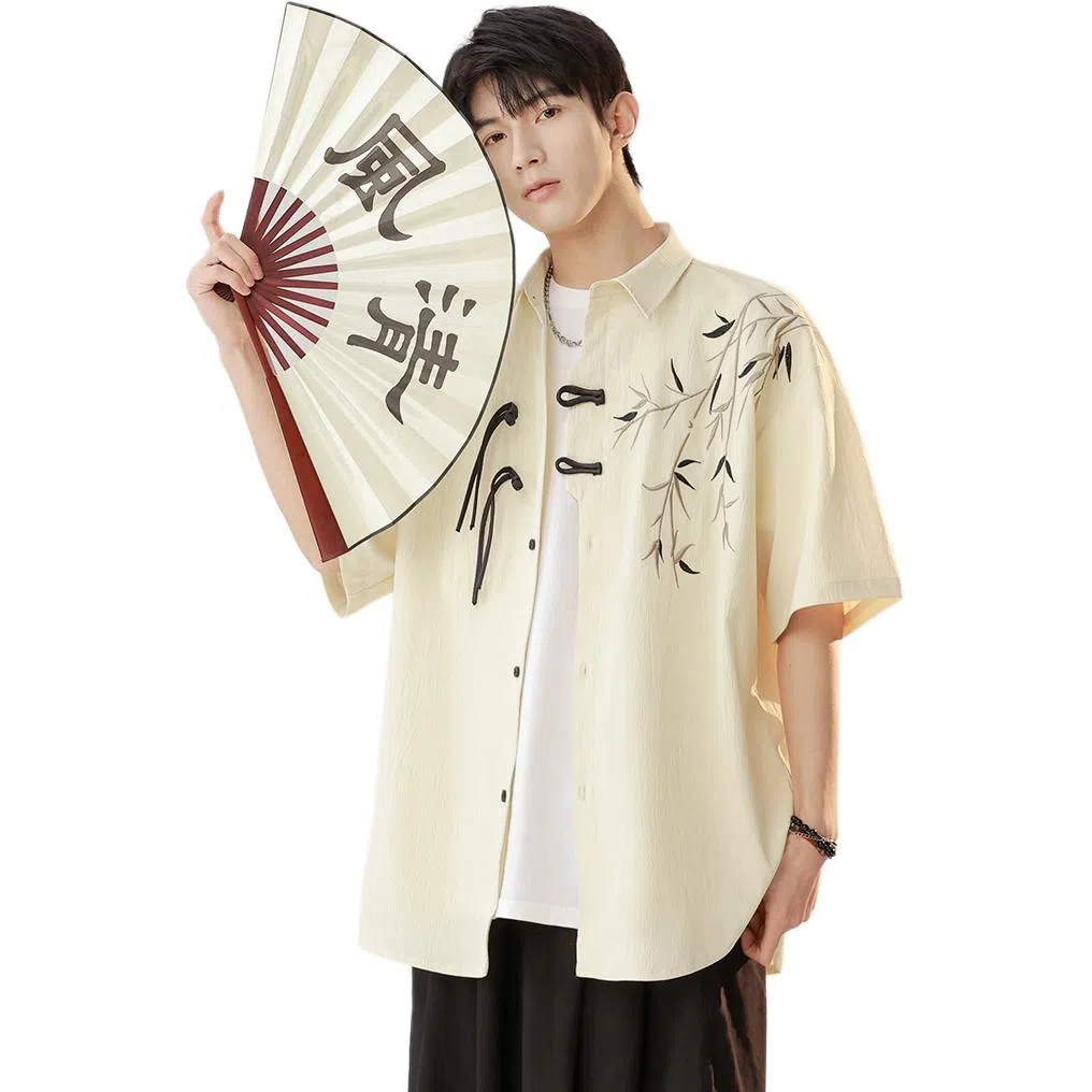 顶峰保罗 新中式竹子盘扣薄款国风宽松百搭无性别主义垂感休闲复古肌理感刺绣痞帅潮牌透气短袖衬衫 男女同款