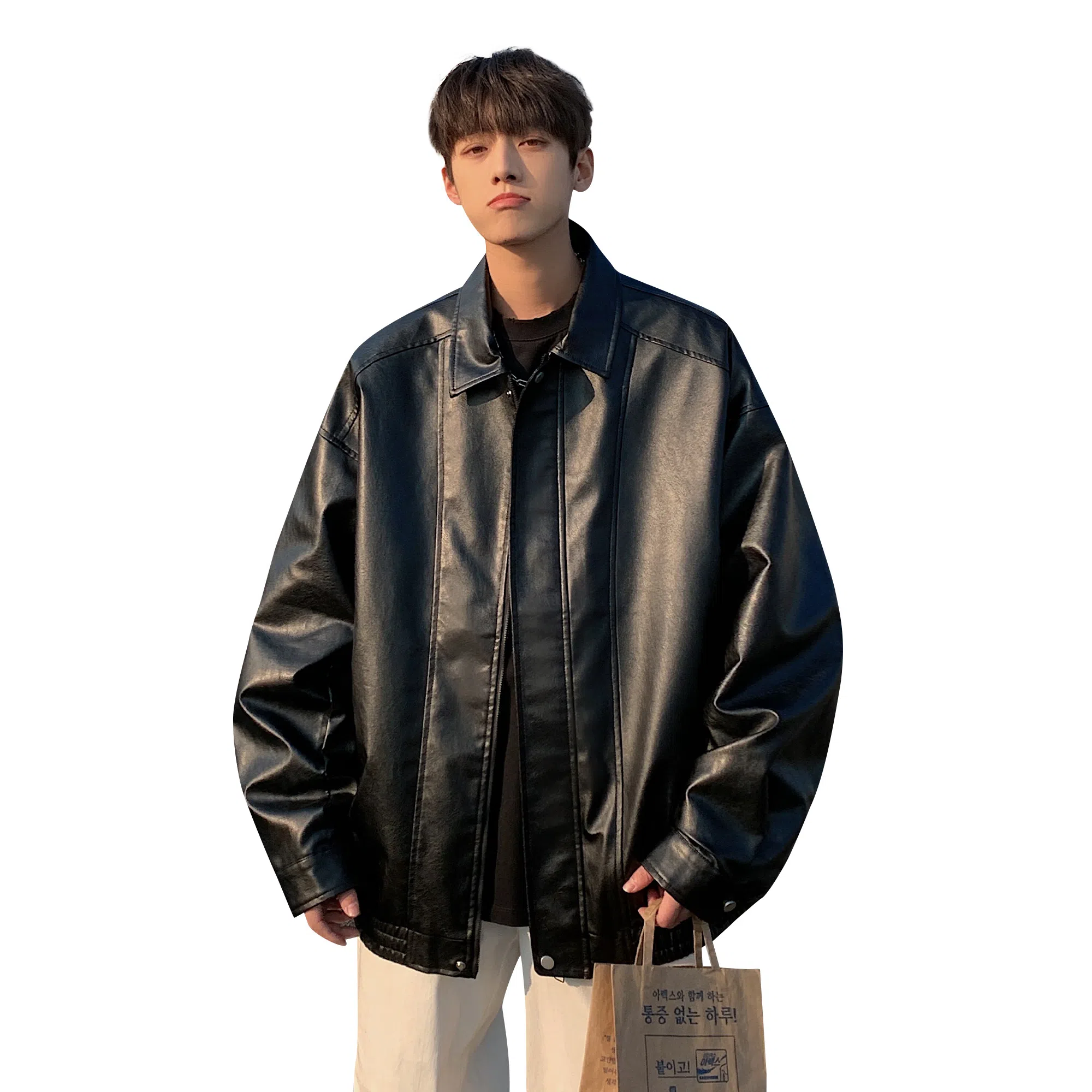 王者荣耀 美式基础款拼接翻领外套复古机车拉链宽松休闲百搭时尚皮衣 男女同款