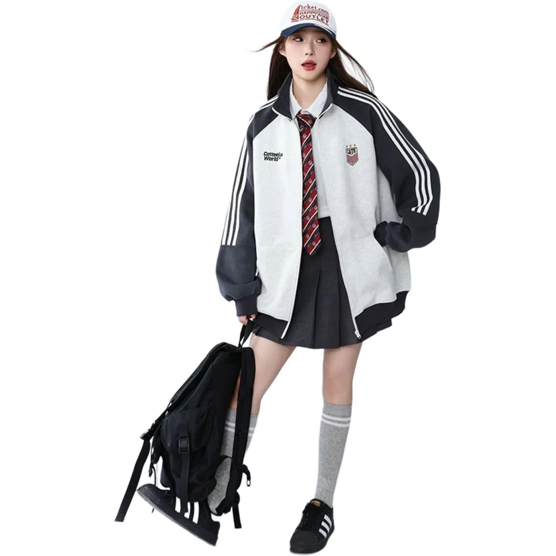 沐诚阳译 国潮条纹宽松美式复古学院卫衣开衫刺绣运动休闲秋季外套夹克 男女同款