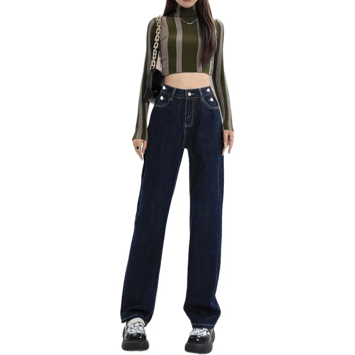 惟熙 高腰舒适直筒牛仔裤 女款 深蓝色