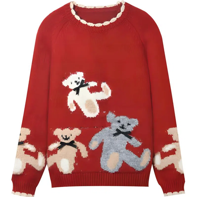 谜秀 宽松圆领简约毛衣 女款 复古红