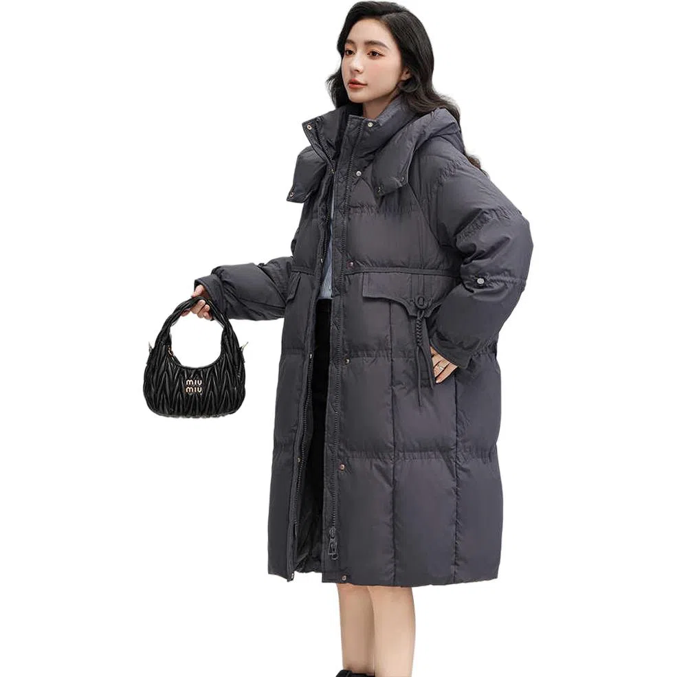 鸭鸭 纯色连帽口袋中长款休闲长袖羽绒服 女款