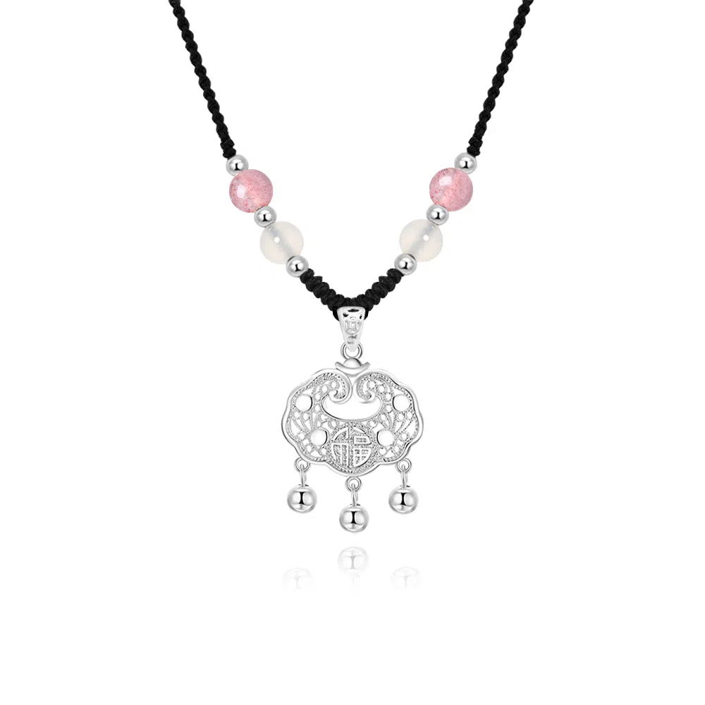 【999纯银 转运平安】足银福运平安锁 七好美银 新中式国风招财纳福小众设计编织简约时尚百搭长命锁本命年#好运 玛瑙 项链 男女同款情侣款