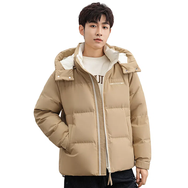 鸭鸭 青年时尚韩版休闲短款拆卸连帽外套纯色拼色户外加厚保暖面包羽绒服 通用 学生党好物