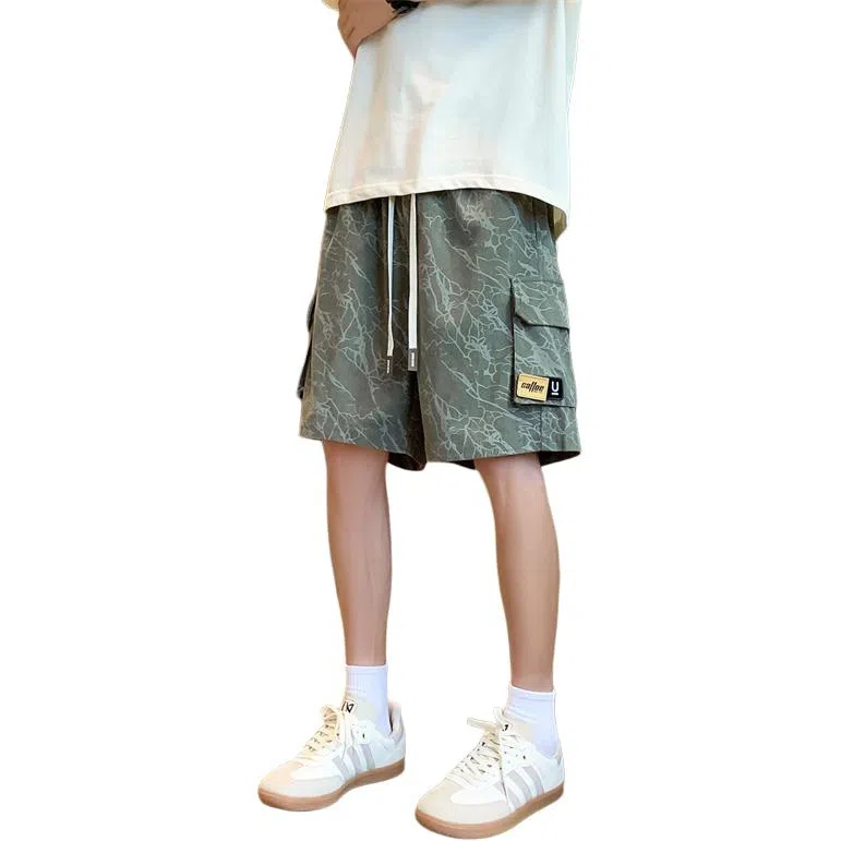 顶峰保罗 冰丝透气痞帅工装五分裤美式凉感舒适宽松百搭潮牌大码口袋直筒阔腿休闲短裤 男女同款