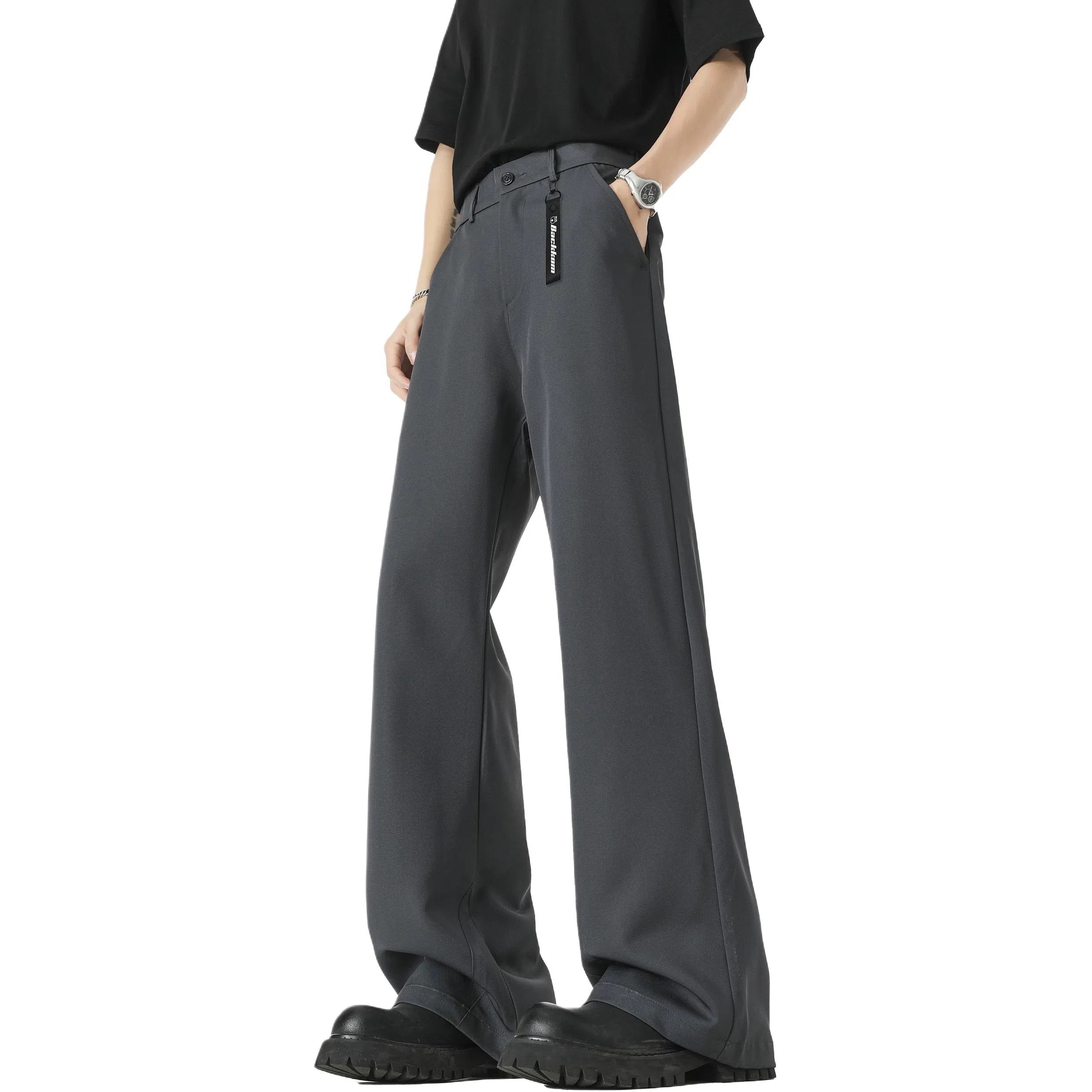 大卫贝肯 美式高街西裤可拆卸织带扣宽松纯色显高直筒轻薄透气垂坠感微喇休闲裤 男女同款